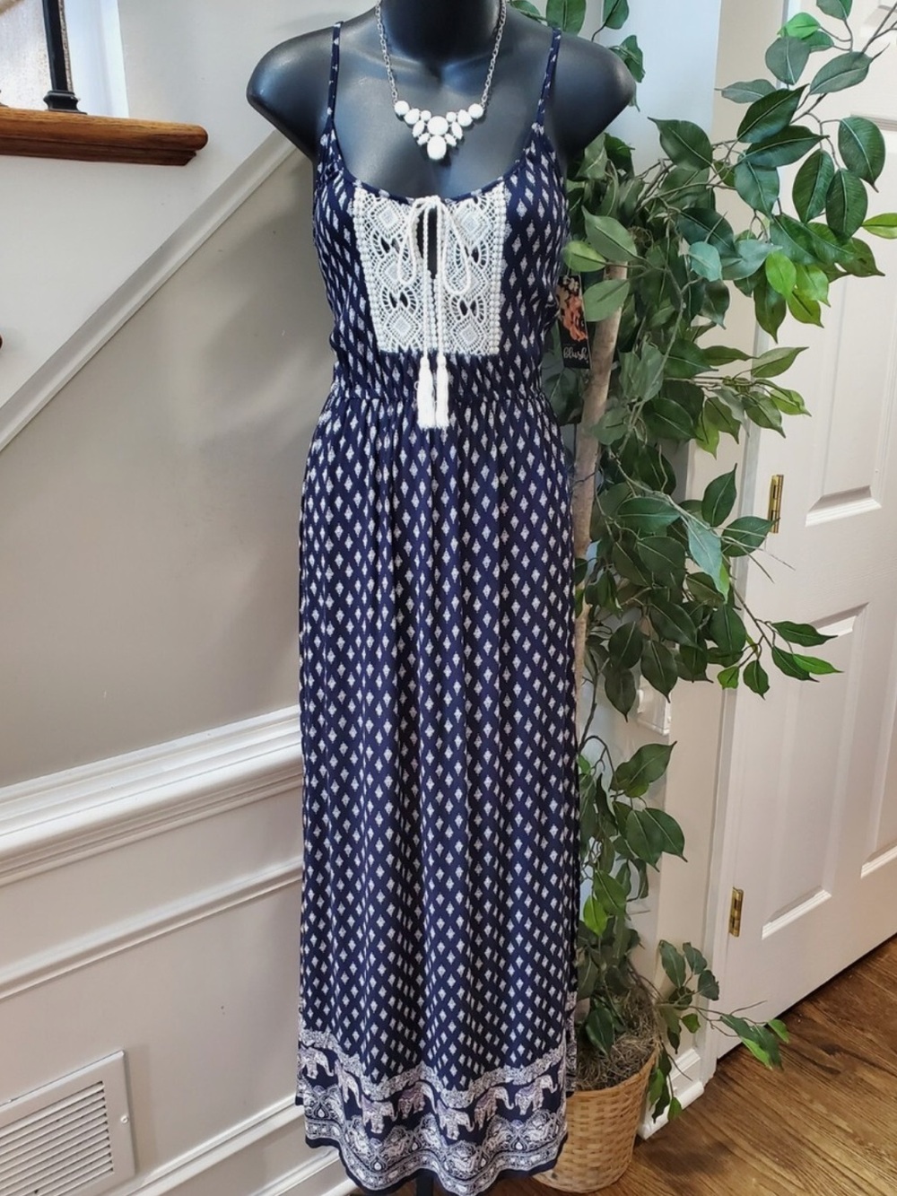 Mint of Blush Navy Printed Maxi Dress with Crochet Bodice. Size M. Tassels
